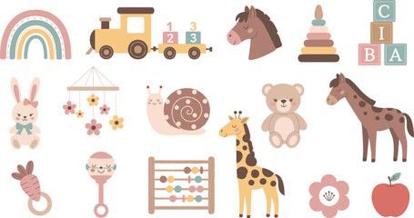 Cute baby nursery clipart set featuring animals, toys, pastel decorations, educational elements, and playful illustrations perfect for kids’ designs, invitations, and crafts © Mostafijur