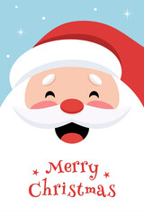Santa Claus close up smiling with red hat and Merry Christmas text. Festive greeting card
