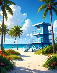 Tropical beach scene with a blue lifeguard tower