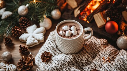 A cozy fireplace with a cup of hot chocolate and holiday decorations surrounding it .