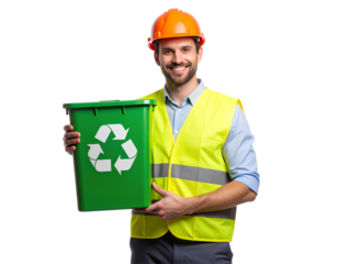 A happy construction worker in a yellow safety vest and orange helmet holding a green recycling bin with the recycling symbol on it transparent  background.