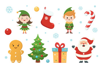 Festive Christmas characters and traditional symbols creating a holiday collection on a white background