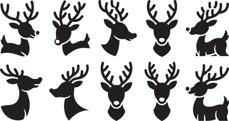 Set of ten black silhouette reindeer heads and full body profiles on a white background stag black and white