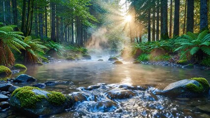 Sunlit forest over a tranquil river; mossy rocks, ferns, and misty stream glow softly. at dawn glow! - Powered by Adobe