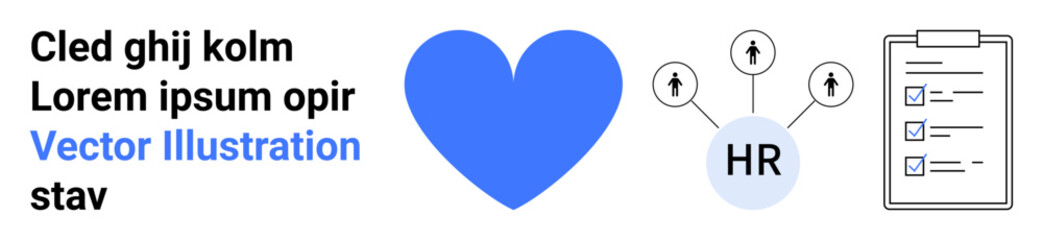 Team building, recruitment, job applications, employee management, workplace efficiency, hiring process. Blue heart, HR connections icon clipboard with checklist. Recruitment and job applications