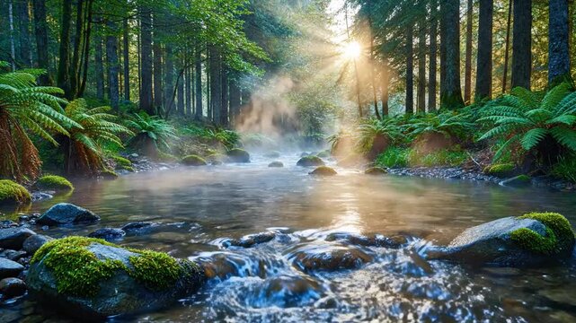Sunlit forest over a tranquil river; mossy rocks, ferns, and misty stream glow softly. at dawn glow!