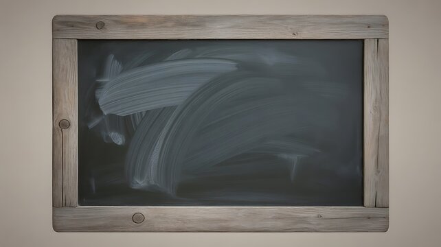 An old, rustic wooden framed chalkboard with faint chalk erasure marks against a plain, neutral background