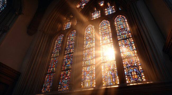 The sun rays on the background of the stained glass windows of the church. Sunlight in the church. Christian content.