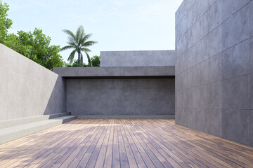 Minimal style outdoor space with wooden deck and concrete wall 3D render, blending geometric design with natural tranquility.