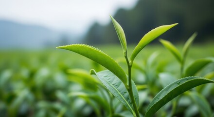 Vibrant green tea leaves unfurling in a misty lush plantation landscape