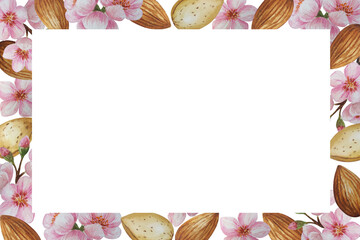 Watercolor almond frame. White background. For your design