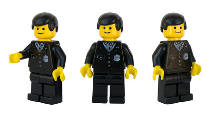 Obraz premium Figura de policía de LEGO oficial. Tres posturas. Imagen aislada
