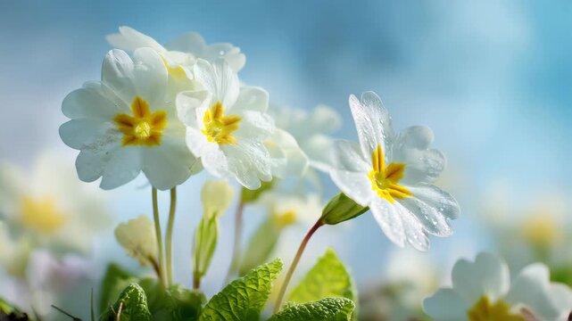 Spring forest white flowers primroses on a beautiful blue background macro Blurred gentle sky