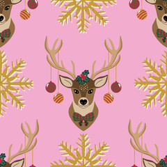 Festive reindeer Christmas seamless vector pattern