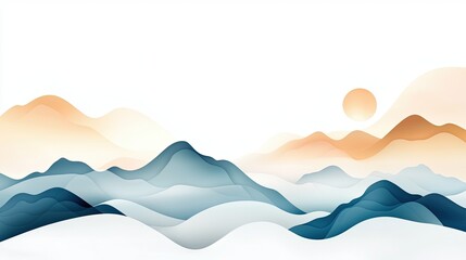 serene landscape artwork features a serene landscape with gentle mountains and a rising sun, perfect for conveying calmness and tranquility in designs.