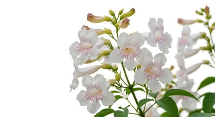 Obraz premium Delicate white trumpet shaped flowers with green leaves against a white background