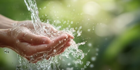 Fototapeta premium Fresh Clean Water Flowing into Cupped Hands with Green Nature Background