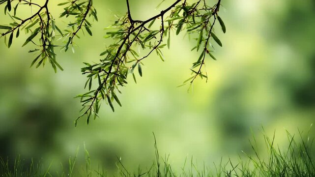 spring green background with twig and grass framing