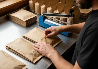 Hands are carefully sealing a kraft paper bag with a roast date using a sealer, showcasing the importance of freshness and quality
