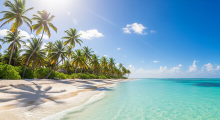 A pristine tropical beach scene featuring tall palm trees leaning over white sand and crystal-clear turquoise water under a bright blue sky with scattered clouds