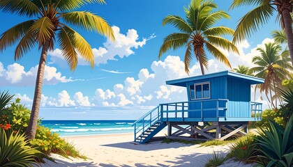 Tropical beach scene with a lifeguard stand