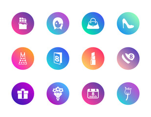 Women's Day, femininity, celebration. Vector set of 12 round gradient icons featuring gifts, flowers, fashion, beauty, and 8 March symbols for holiday, greeting, and festive design.