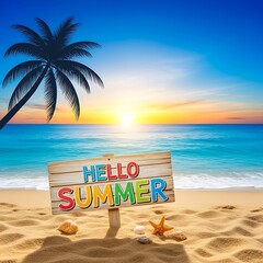 Hello Summer Beach Paradise - A Tropical Getaway with Palm Trees and Sunset.