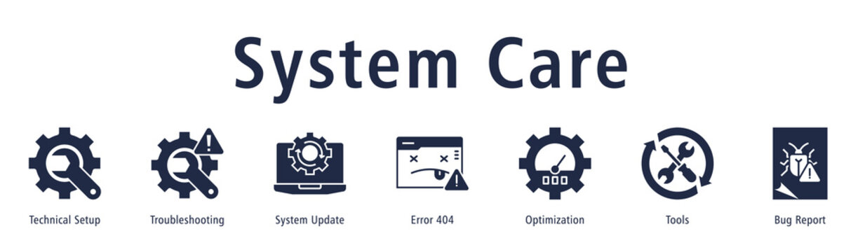 System Care banner with icons of Technical Setup, Troubleshooting, System Update, Error 404, Optimization, Tools and Bug Report.