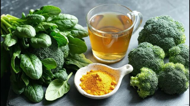 Preparing Fresh Plant Based Nutrition with Greens Broccoli and Turmeric Tea