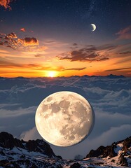 Stunning moonrise over a mountain range at dawn