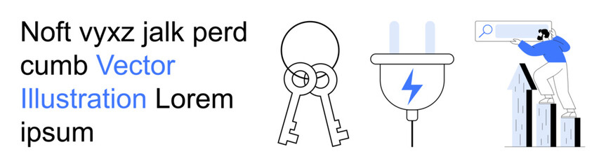 Security, energy, technology, eco solutions, business development, digital innovation. Two keys, electric plug with lightning symbol man analyzing growth graph. Security and energy