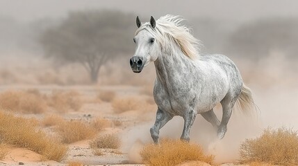 Fototapeta premium Elegant grey horse rearing in motion against soft, pale desert background 