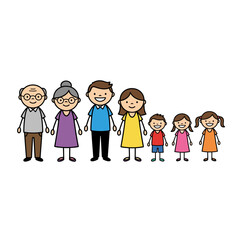 Fototapeta premium Family illustration set. Grandparents parents and children standing together, cartoon vector characters group people icons