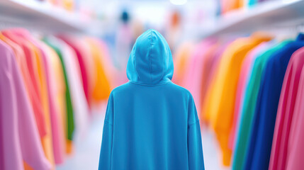 Person wearing blue hoodie stands vibrant clothing store filled with colorful garments. atmosphere is lively and inviting, showcasing variety