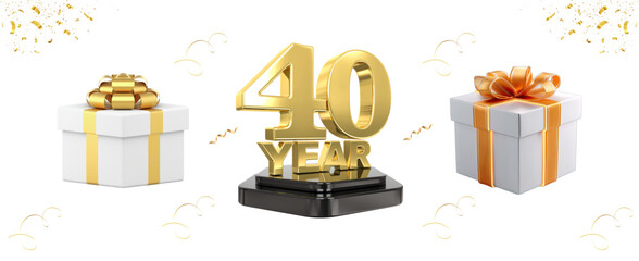 Premium 40 Years Anniversary Golden Celebration on White Background Illustration Vector. Luxurious 40 Years anniversary golden emblem with gifts and sparkles - ideal for milestone celebrations, events