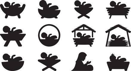 Twelve black silhouette icons depicting nativity scenes and baby Jesus on a white background Keywords: Nativity, Christmas, baby Jesus, manger, crib, stable, silhouette, icon, symbol, religious