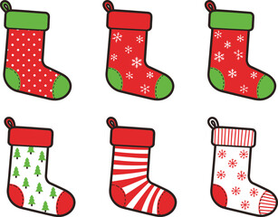 Cartoon Christmas Stocking Set Illustration – Six Festive Designs with Snowflakes, Trees, Stripes, and Polka Dots for Holiday or Seasonal Design Assets © Fahad
