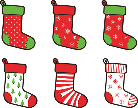 Cartoon Christmas Stocking Set Illustration &ndash; Six Festive Designs with Snowflakes, Trees, Stripes, and Polka Dots for Holiday or Seasonal Design Assets