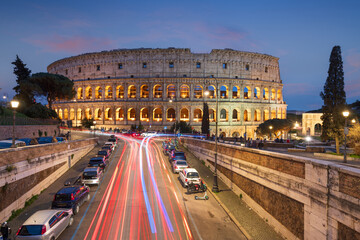 Rome, Italy at the Colosseum Over City Streets
