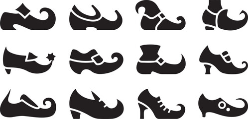 Twelve Black Silhouette Icons of Assorted Historical and Fantasy Shoes on White Background Keywords: shoe, shoes, footwear, icon, symbol, silhouette, graphic, design, element, historical, fantasy