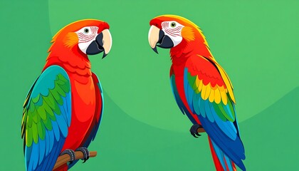 Obraz premium Two colorful macaws facing each other on a bright green background