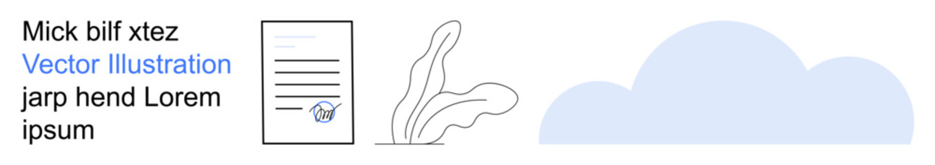 Business documentation, digital contracts, legal agreements, online data storage, cloud technology, minimal design. Paper with signature, abstract plant and cloud symbol. Business documentation