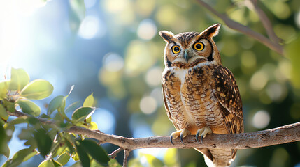 Majestic owl perched branch, surrounded by lush green leaves, showcasing its striking features and vibrant eyes. soft sunlight creates serene