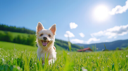 Happy small dog running in green field under bright blue sky, enjoying sunny day in nature