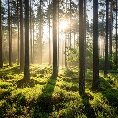 Sunbeams through a misty forest