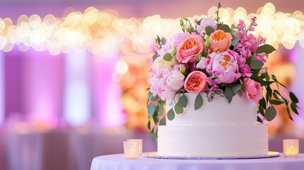 Beautiful wedding cake adorned with vibrant flowers, including peonies and roses, set against softly lit background. scene evokes romantic