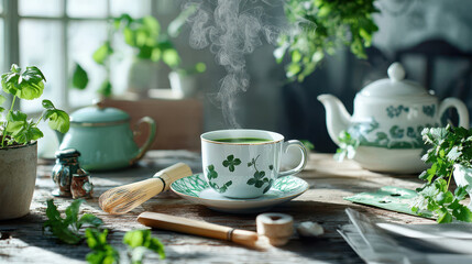 Serene scene featuring steaming cup of tea surrounded by fresh herbs and teapot, evoking sense of calm and tranquility