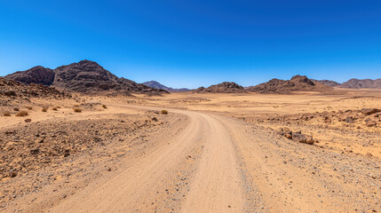 Winding dirt road stretches through vast desert landscape, surrounded by rugged mountains and clear blue skies. scene evokes sense of adventure