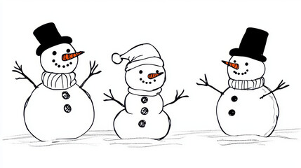 Three cheerful snowmen with hats and scarves, showcasing playful winter scene filled with joy and holiday spirit