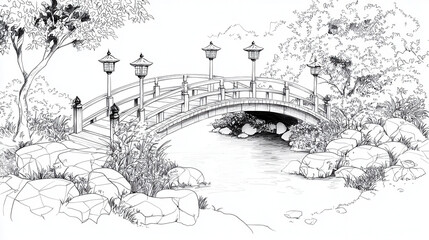Serene landscape featuring traditional bridge over calm waterway, surrounded by lush greenery and decorative lanterns. scene evokes tranquility